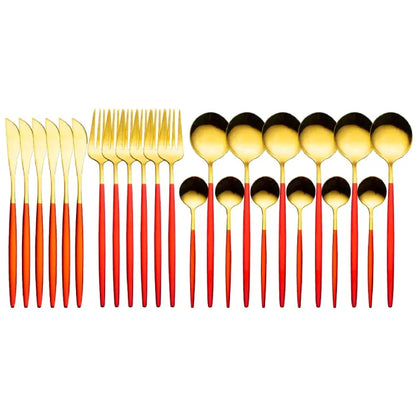 Modern dining set with gold heads and red handles including knives, forks and spoons