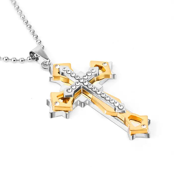 Gold and silver cross pendant necklace adorned with crystals, perfect for men's religious accessories.