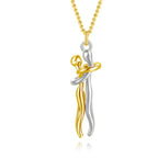 Stunning gold and silver hugging pendant necklace in an abstract design, perfect for romantic occasions.