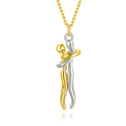 Stunning gold and silver hugging pendant necklace in an abstract design, perfect for romantic occasions.