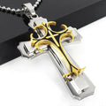 Gold and silver layered cross pendant with intricate design, ideal for men's Christian jewelry collection.