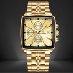 luxury gold chronograph watch with a square dial, stainless steel construction, and a bold design