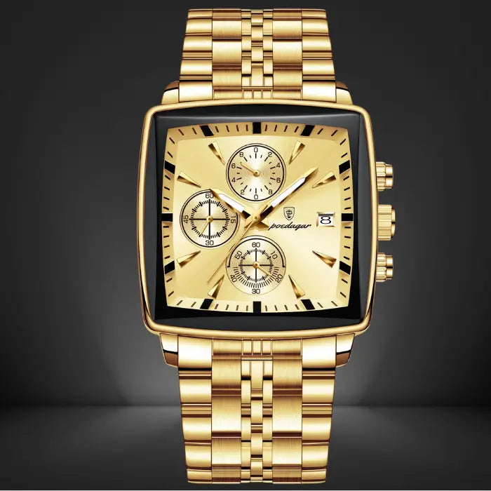 luxury gold chronograph watch with a square dial, stainless steel construction, and a bold design
