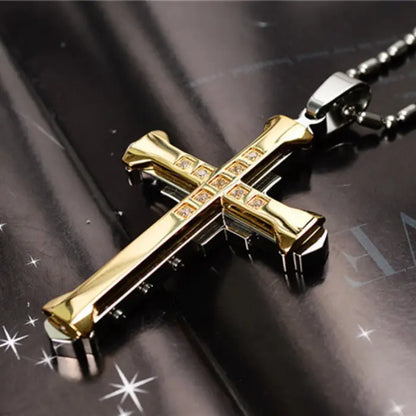 Gold stainless steel cross pendant with crystal highlights, a sleek and fashionable men's faith necklace.