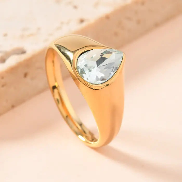 gold teardrop birthstone ring featuring a clear crystal gemstone set in polished gold, displayed on soft neutral background for detail