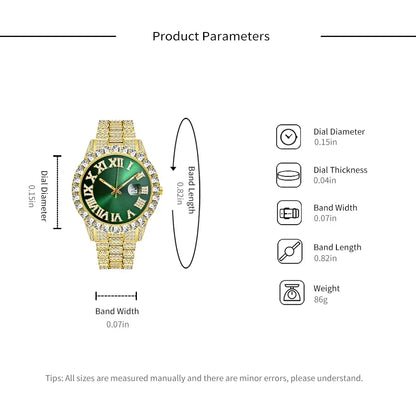 Detailed specifications of a gold watch with green dial, showing dimensions and weight.