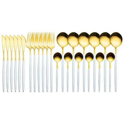 Premium flatware collection featuring gold heads with white handles in complete dining set