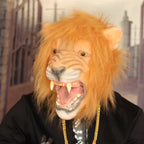 Lifelike adult roaring lion mask with golden fur, wide open mouth, and costume chain.
