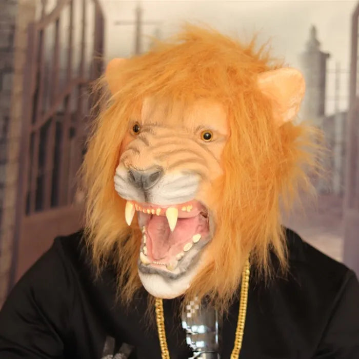 Lifelike adult roaring lion mask with golden fur, wide open mouth, and costume chain.
