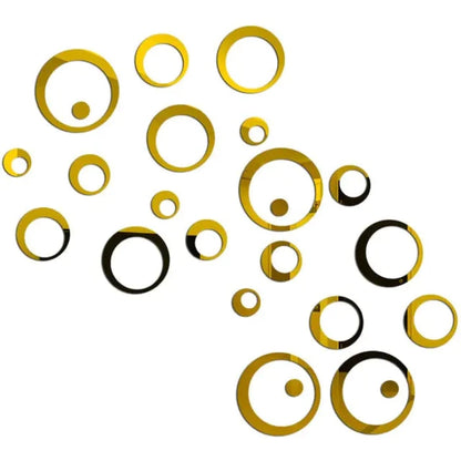 Set of round golden circle mirrors in various sizes arranged in a scattered pattern on a white background 