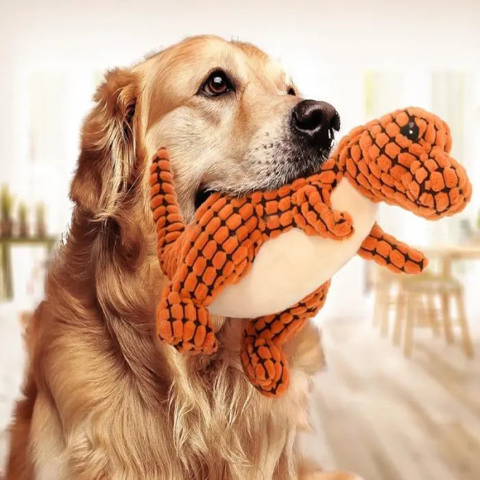 A golden retriever holding an orange plush dinosaur toy in its mouth, sitting in a bright indoor setting.