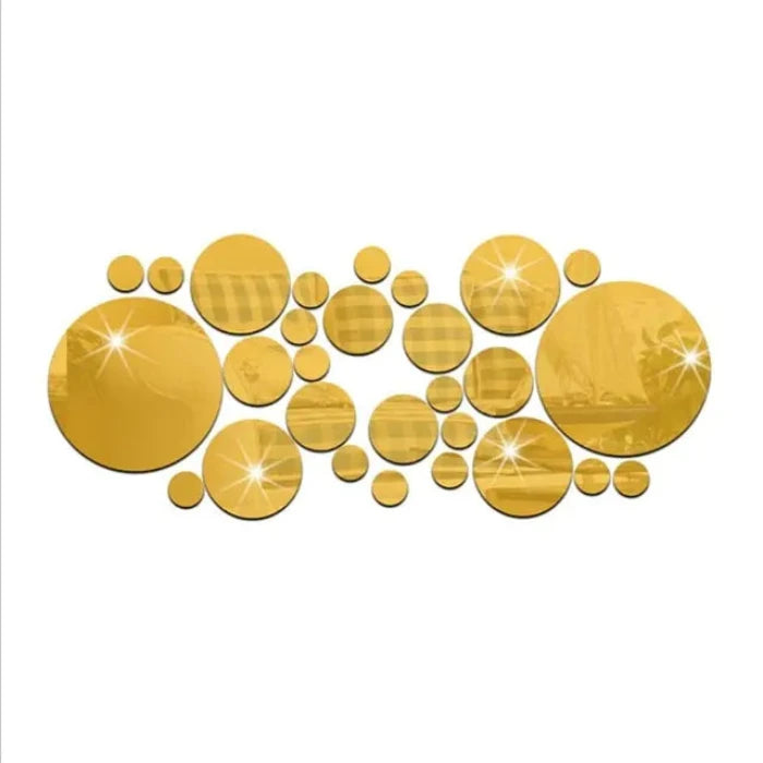 Set of round golden round mirror in various sizes arranged in a scattered pattern on a white background 