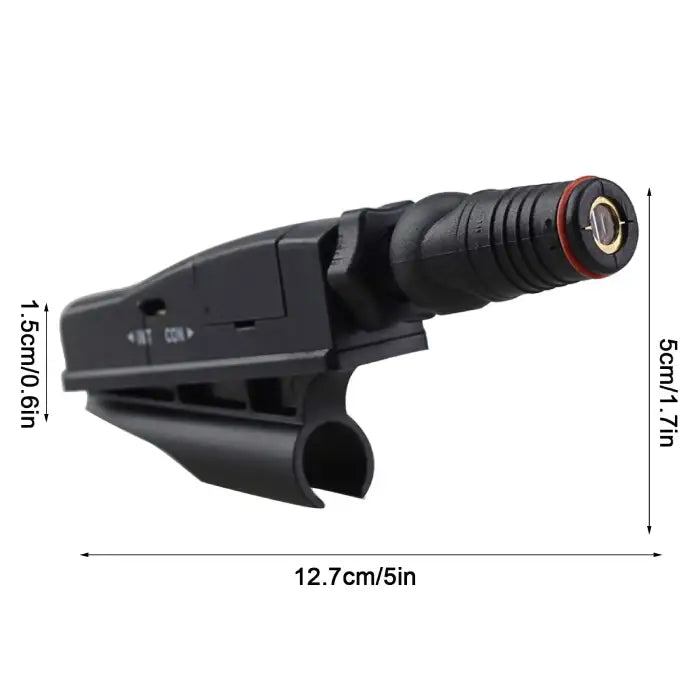 Golf laser guide with dimensions labeled, showing its compact and attachable design.