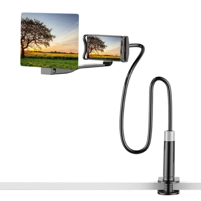 gooseneck phone screen magnifier stand in black version mounted to desk showing flexible arm and HD screen projection panel