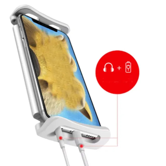 gooseneck phone screen magnifier stand holder with bottom charging access allowing headphone and power cables while watching content