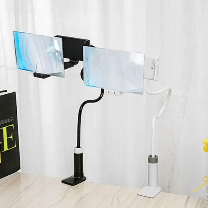 gooseneck phone screen magnifier stand in black and white models with HD lenses mounted on flexible arms for hands free viewing