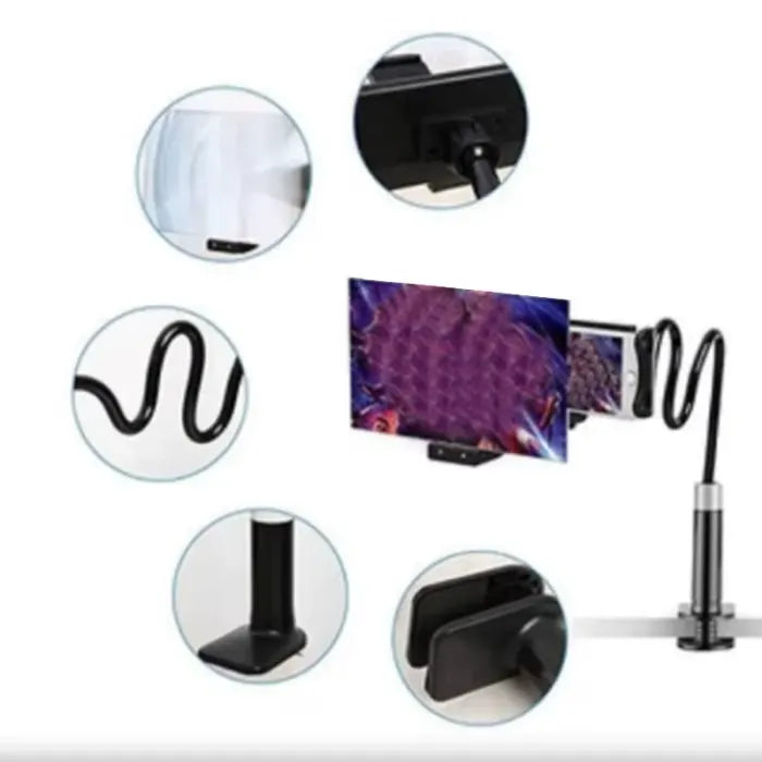 gooseneck phone screen magnifier stand showing flexible arm HD lens and stable clamp for comfortable enlarged phone viewing