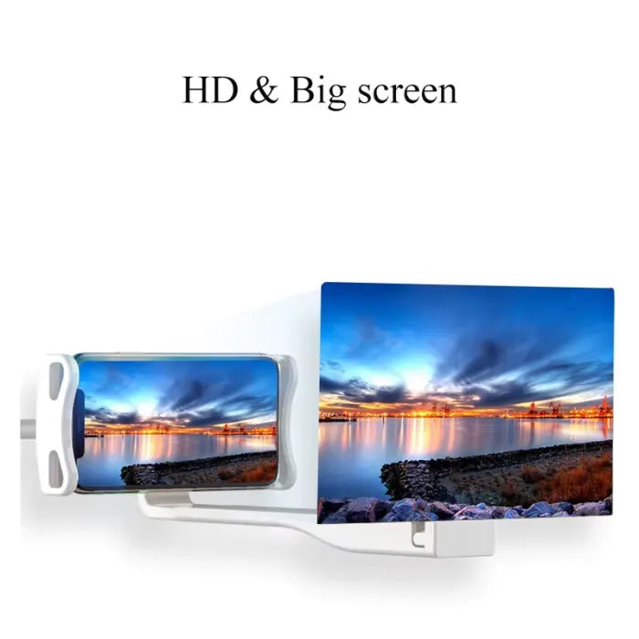 gooseneck phone screen magnifier stand demonstrating HD big screen projection comparison between phone size and enlarged viewing panel
