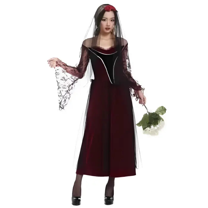 Gothic bride Halloween costume with black and red gown and veil.