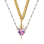 Gothic Heart Necklace with pink gemstone heart and dual gold and silver chains.