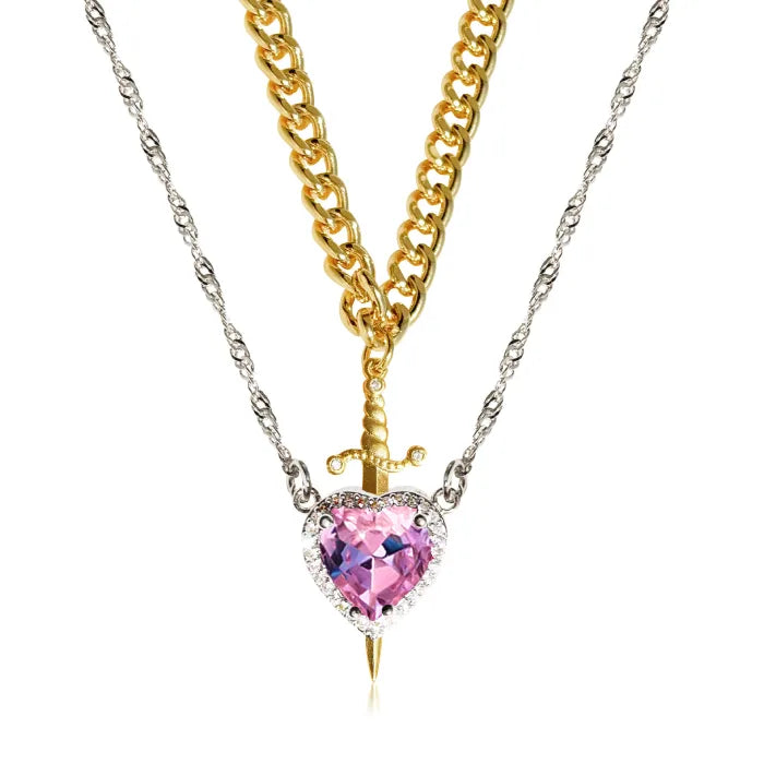 Gothic Heart Necklace with pink gemstone heart and dual gold and silver chains.