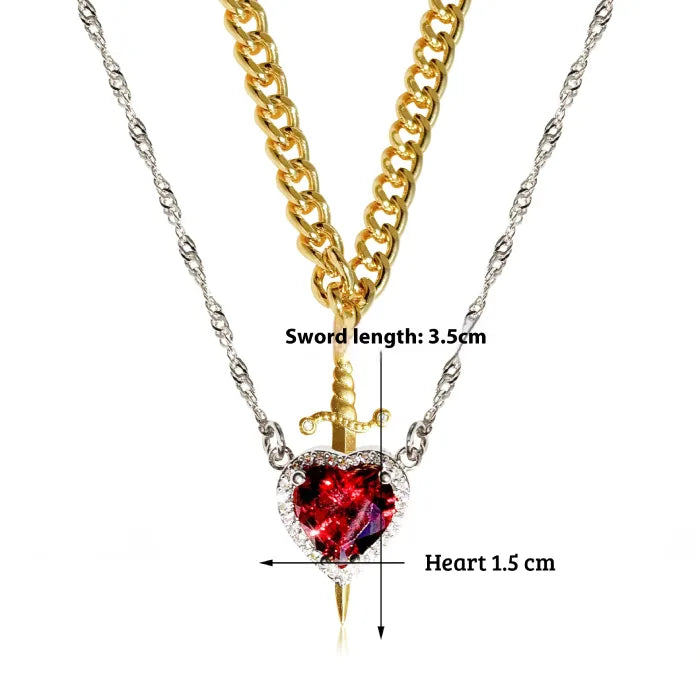 Gothic Heart Necklace with red gemstone shown with heart and sword measurements on white background.