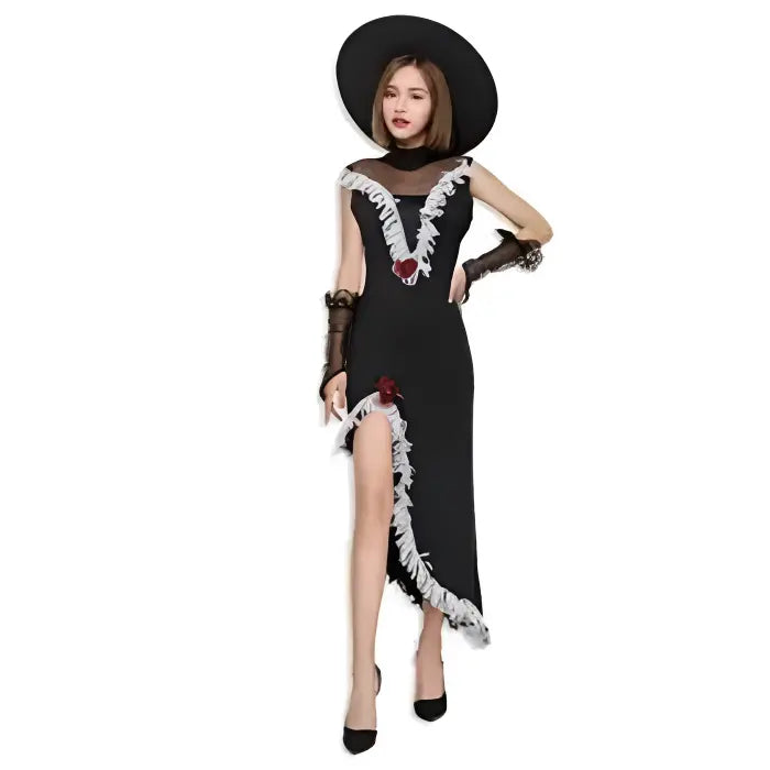 Gothic lady Halloween costume with black slit dress, lace trim, and wide hat.