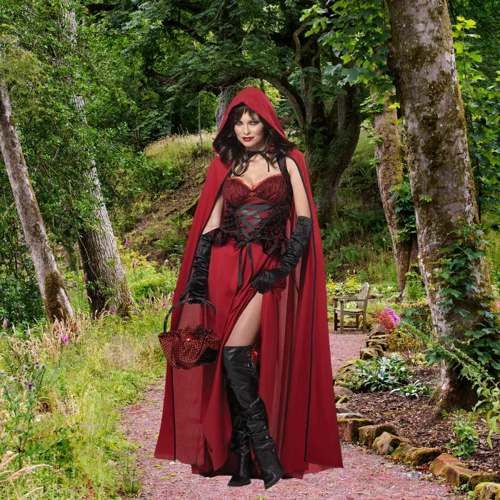 Gothic Little Red Riding Hood costume for women with red hooded cape and lace-up corset.