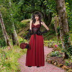 Women's Gothic Little Red Riding Hood costume featuring red dress and black lace corset.