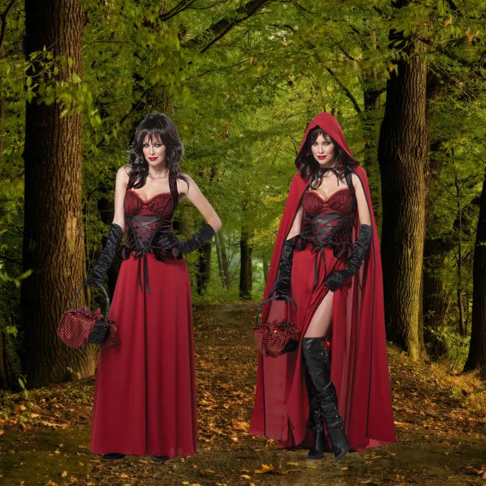 Two Gothic Little Red Riding Hood costumes for women, one with cape and one in red dress.