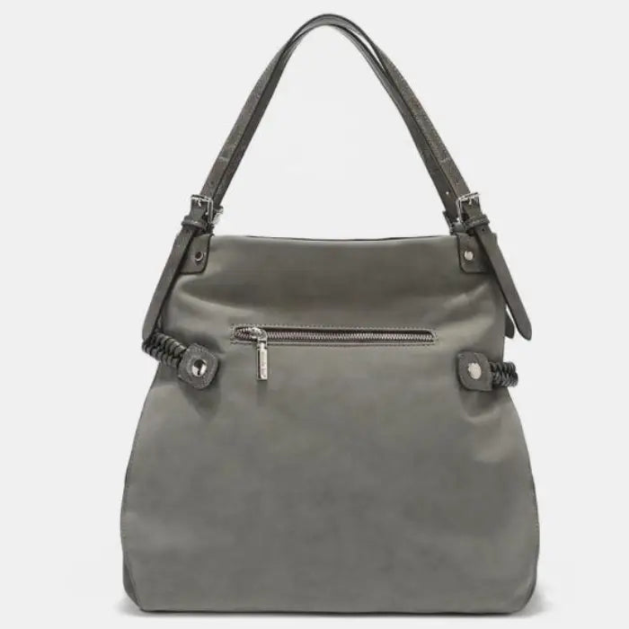 Back view of gray bag with zipper pocket and braided straps, combining style with functionality.