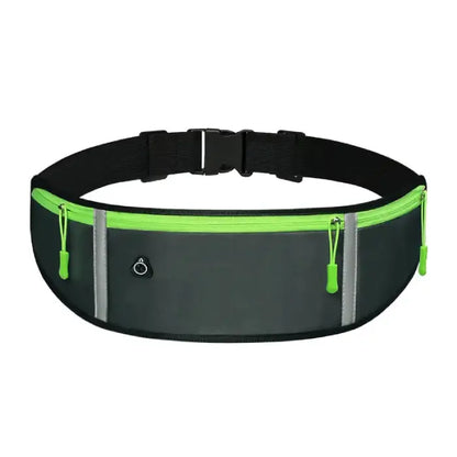 Dark gray green running belt with neon green trim, adjustable strap, zippered pockets, and reflective strips for safety