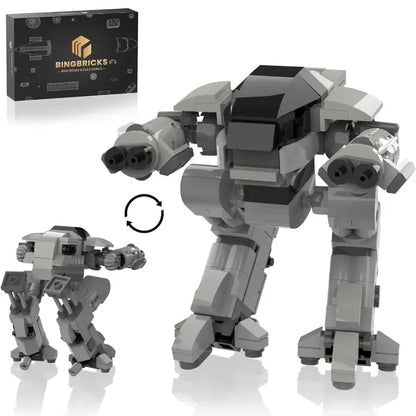 Gray mecha robot building set by Bingbricks, featuring a detailed design with dual cannons.