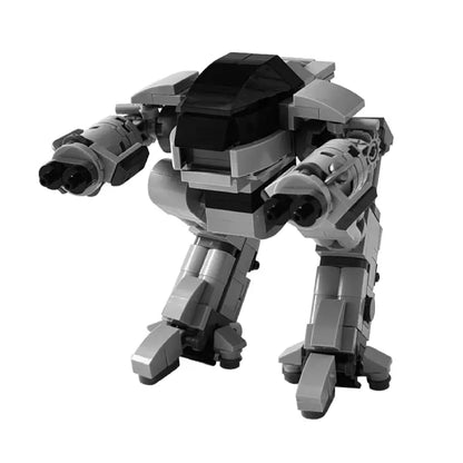 Black and white image of a gray mecha robot model with dual cannon arms and a sleek design.