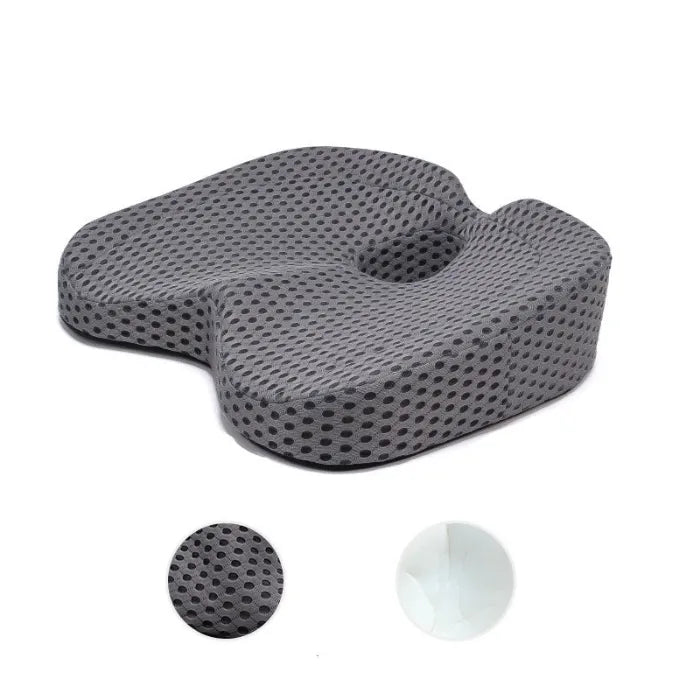 Premium gray orthopedic seat cushion with dotted mesh pattern and coccyx relief design for office chair comfort
