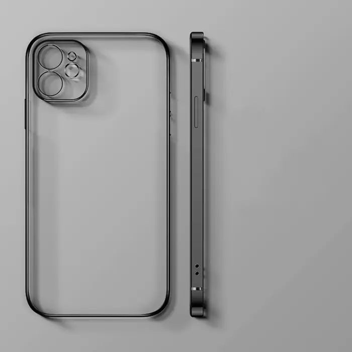 Modern gray transparent phone case showcasing precise cutouts and minimalist design on a neutral gray surface.