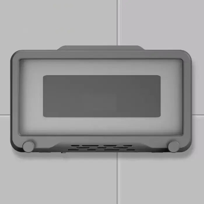 Sleek gray wall-mounted device with rectangular display screen and ventilation holes at the bottom.