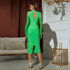 Back view of a green bodycon midi dress with a keyhole design, zipper closure, and back slit detail.