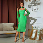Green bodycon midi dress with sweetheart neckline, cutout shoulders, and detachable sleeves, front view.