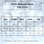 Size chart for the green bodycon midi dress, showing measurements for small, medium, and large sizes.