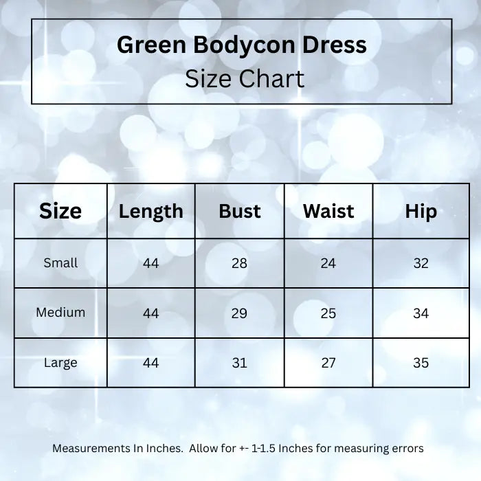 Size chart for the green bodycon midi dress, showing measurements for small, medium, and large sizes.