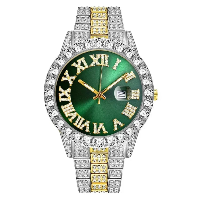 Elegant green dial designer watch with gold accents and crystal embellishments.