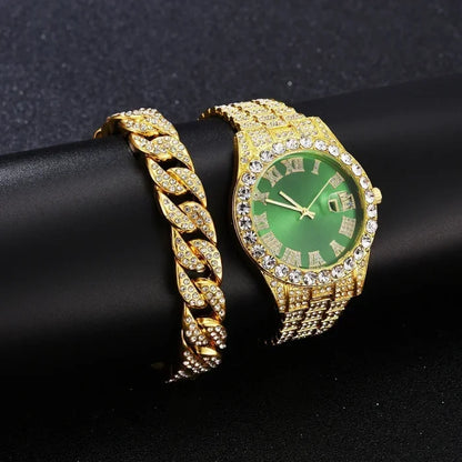 Gold watch with green dial and crystal accents showcased on a black background.