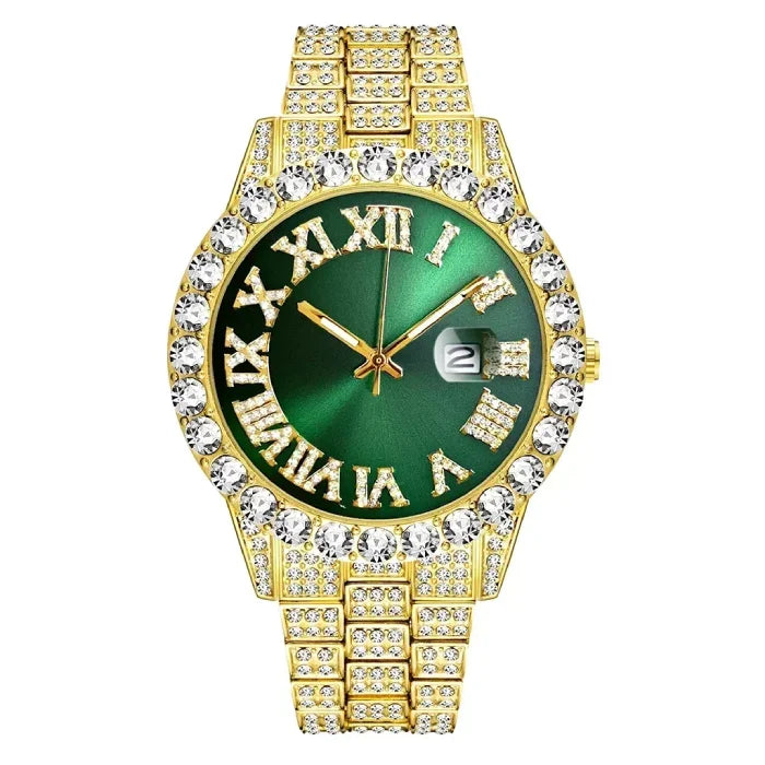 Luxurious gold watch with a green dial and diamond-encrusted bezel and band.