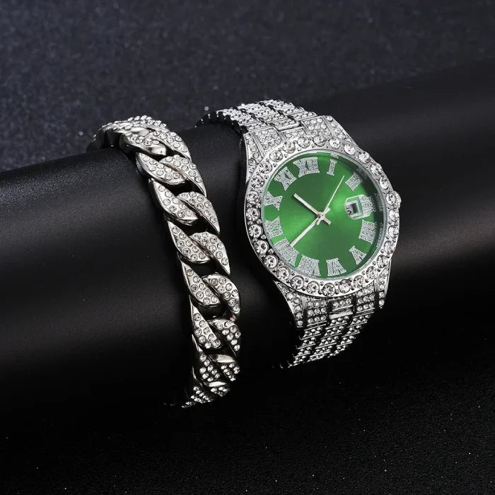 Elegant green dialed silver watch with intricate crystal design on black surface.