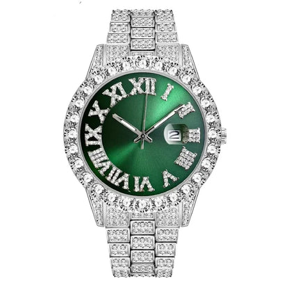 Sophisticated silver watch with green dial and sparkling diamond accents.