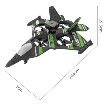 Green foam drone showing dimensions of 24.6cm x 19.5cm x 7cm, ideal for compact and stable flying.