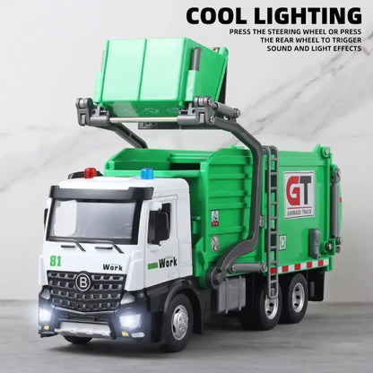 Toy garbage truck with green dumpster and light effects, showcasing sound and lighting features.