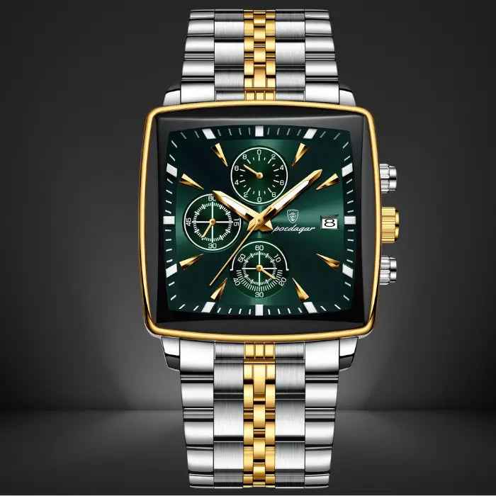 green and gold chronograph watch featuring a square dial, stainless steel band, and luminous hands