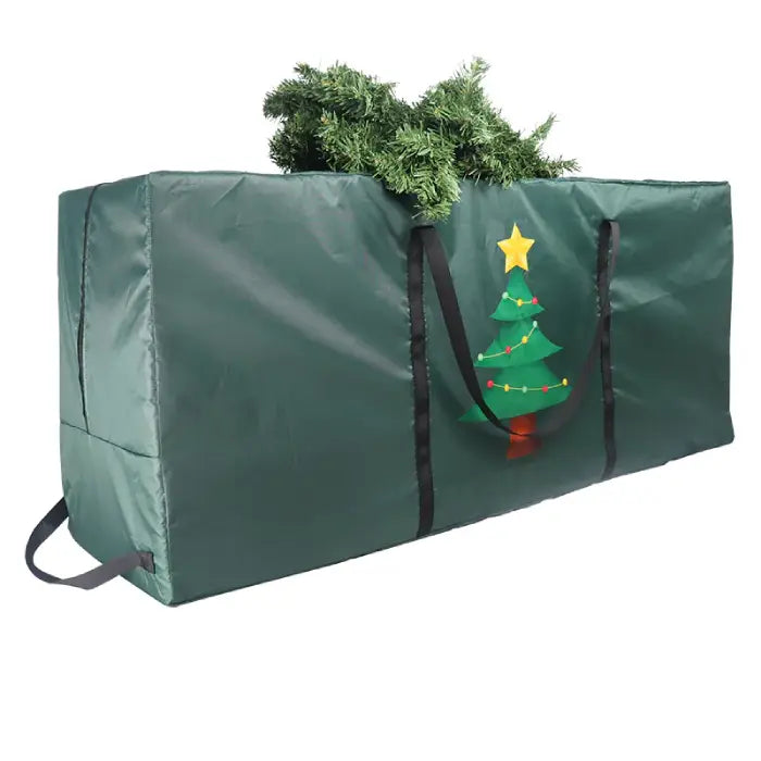 Durable green Christmas tree storage bag with black handles showing partial tree storage demonstration